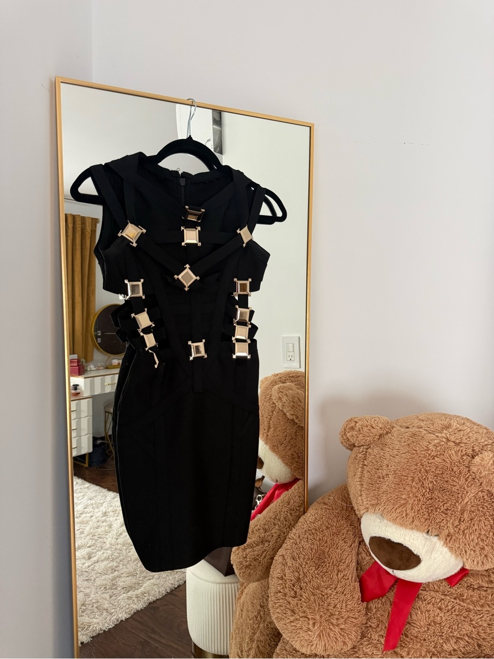 Herve Leger Black Bodycon Dress with Gold Accents
